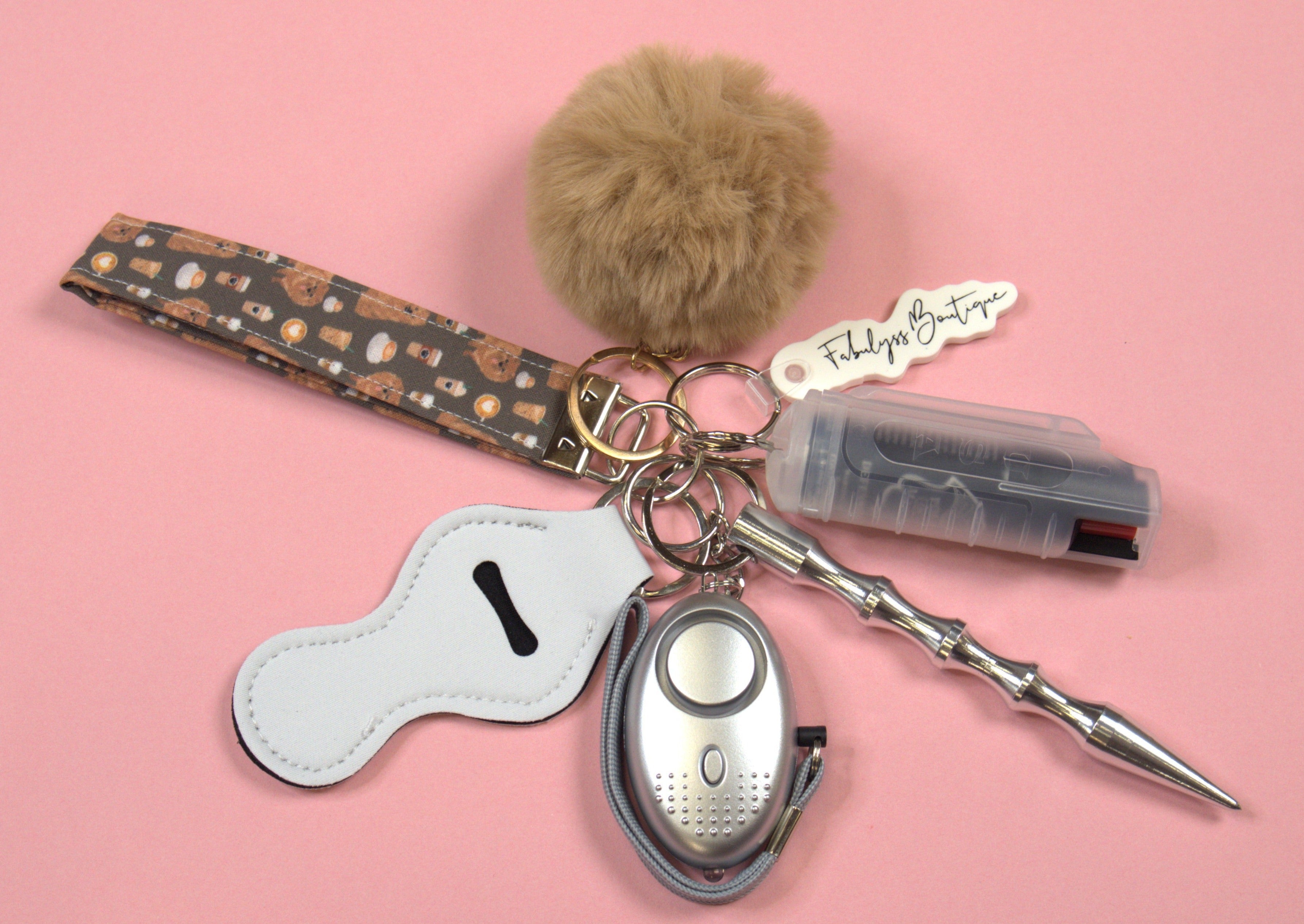 Self-defense safety keychain wristlet pink grey white chevron pink pom pom  puff ball personal alarm gettin lippy